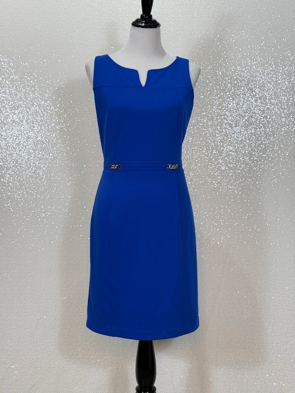Ann Taylor Petite 8P Royal Blue Sheath Dress Gold Hardware Career Cocktail Midi - Picture 11 of 14
